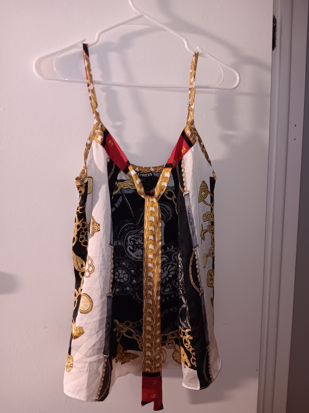 Express Black, White & Gold Patterned Satin Cami with Red Accents